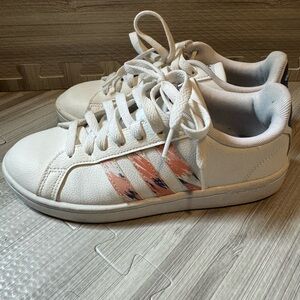 Adidas White Sneakers with Pink and Blue Stripes